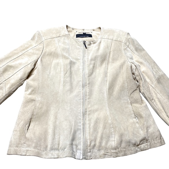 Suede Leather Jacket for Women - Cream Color, Front Zipper, Two Side Poc… - Picture 1 of 10
